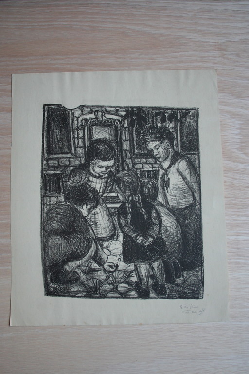 Onbekende kunstenaar - lithografie - knikkerende kinderen - gesigneerd - 1978 kopen? Bied vanaf 1!