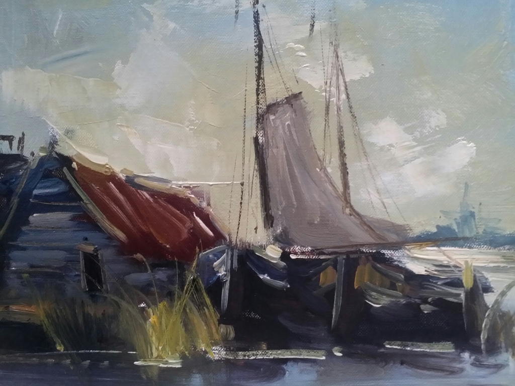 Jan Kelderman. Olieverf op doek. Molen en zeilschip bij Westzaan. kopen? Bied vanaf 59!