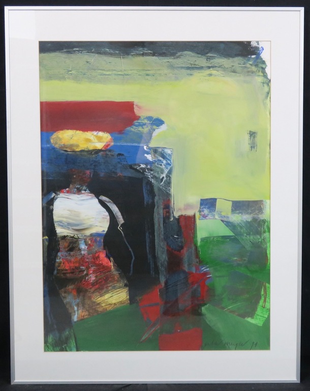 Peter Meijer: Acryl op papier, Compositie met figuur - Ingelijst kopen? Bied vanaf 1!