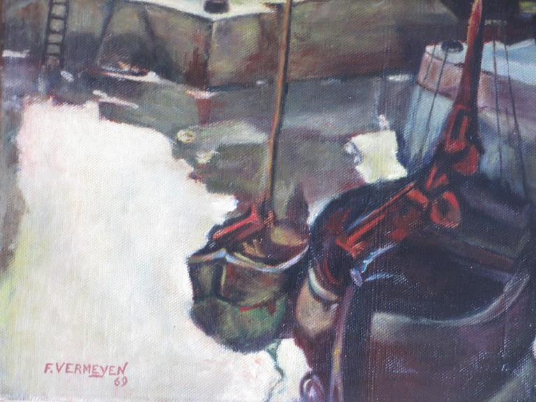 F. Vermeyen, Stadshaven met schepen en paarden, Olieverf op doek kopen? Bied vanaf 1!