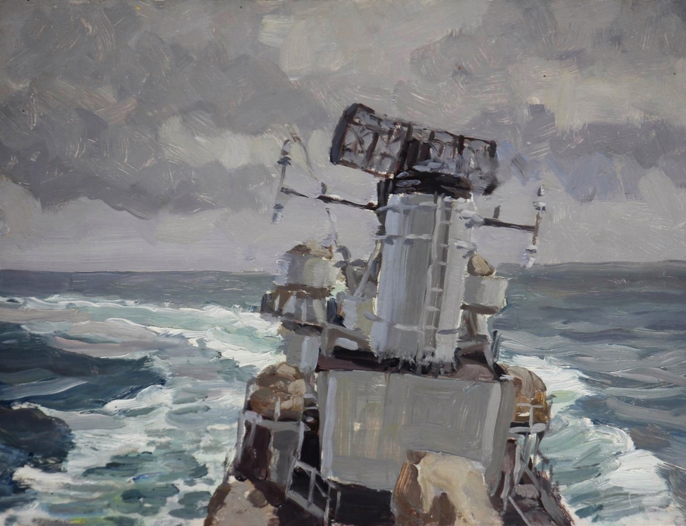 Herman Bosboom: Olieverf op hardboard paneel, Marineschip op zee kopen? Bied vanaf 200!