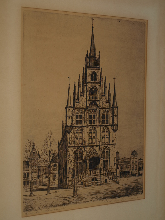 MARIUS JANSSEN (1885-1957) - Ets – Stadhuis Gouda–Gesigneerd & ingelijst–ca 1930 kopen? Bied vanaf 35!