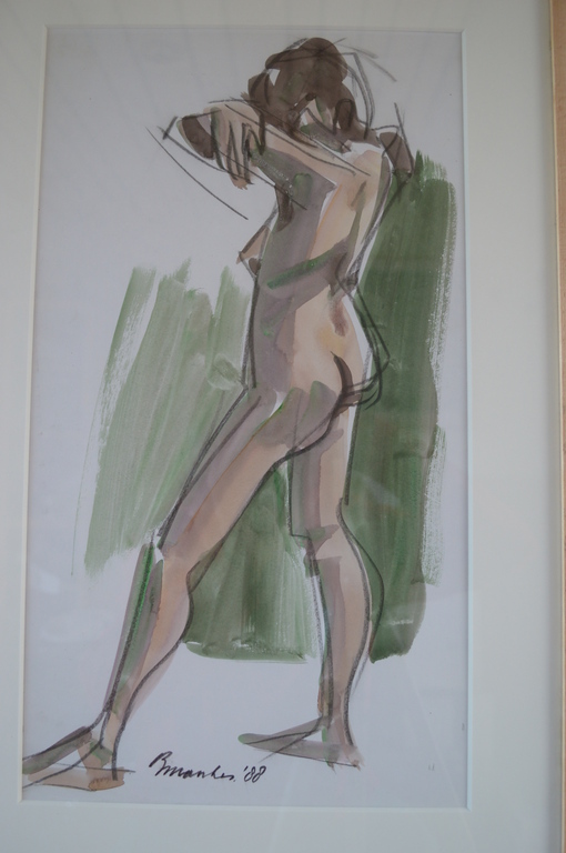 Beint Mankes, aquarel 50 x 28, staand naakt, 1988  verkocht voor € 120!