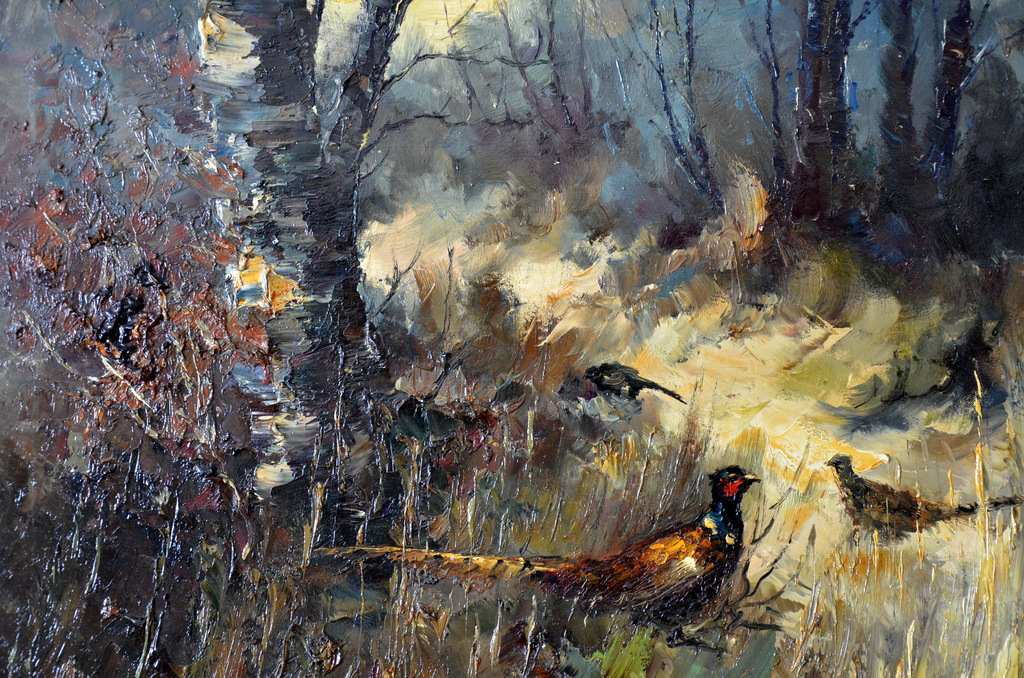 John Bevort (1917 - 1996)- "Fazanten in winters bos"- Indrukwekkend olieverf. kopen? Bied vanaf 365!