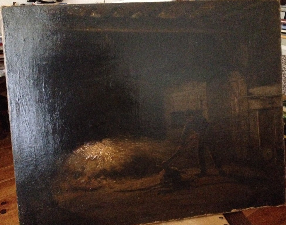 August Le Gras (1864-1915): Houthakkende boer in schuur, olieverf op doek kopen? Bied vanaf 10!