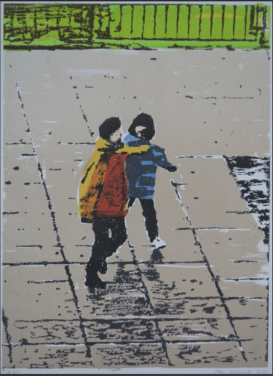 Koen Vermeule: Zeefdruk, Twee figuren (geel/blauw) kopen? Bied vanaf 60!