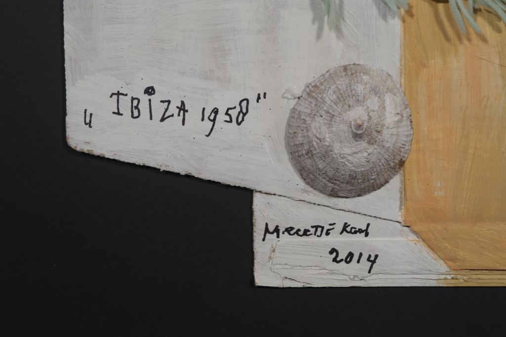 Meertje Kaal: Olieverf en collage op karton, Ibiza 1958 - Ingelijst (Groot) kopen? Bied vanaf 20!