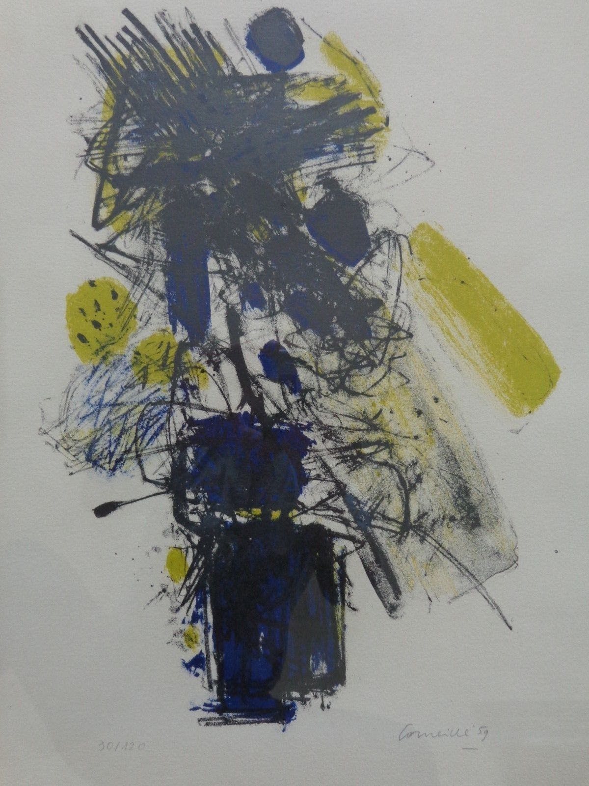 Corneille - ABSTRACTIE / KLEURLITHO / 73x54cm / KADER / SIG / 1959 verkocht voor € 275!