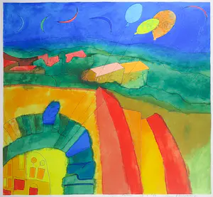 Susan Schildkamp - Zeefdruk, Kleurrijk landschap met huizen - Ingelijst (Groot) kopen? Bied vanaf 50!