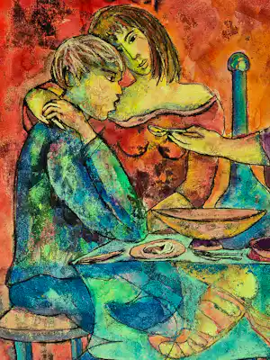 Franca Muller Jabusch - Grote gemengde techniek (pastel, inkt, aquarel) "de vreemdeling" vendu pour 43€ !