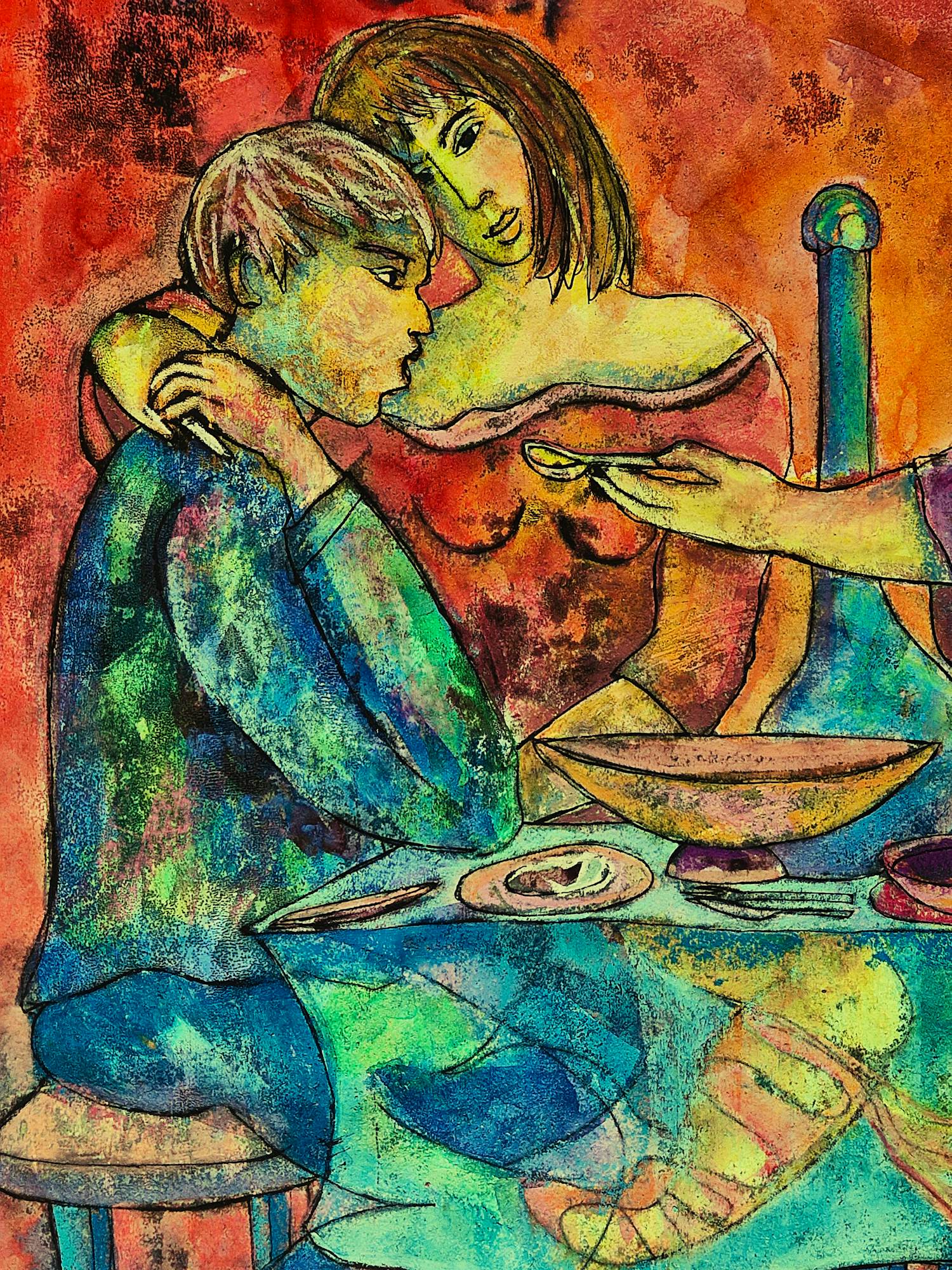 Franca Muller Jabusch - Grote gemengde techniek (pastel, inkt, aquarel) "de vreemdeling" kopen? Bied vanaf 38!