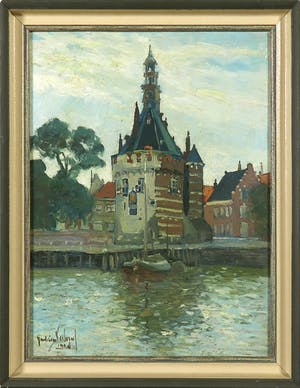 Niet of onleesbaar gesigneerd - Olieverf op paneel, Gezicht op de Hooftoren in Hoorn kopen? Bied vanaf 1!