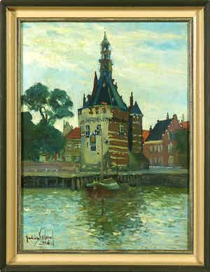 Niet of onleesbaar gesigneerd - Olieverf op paneel, Gezicht op de Hooftoren in Hoorn verkocht voor € 1!