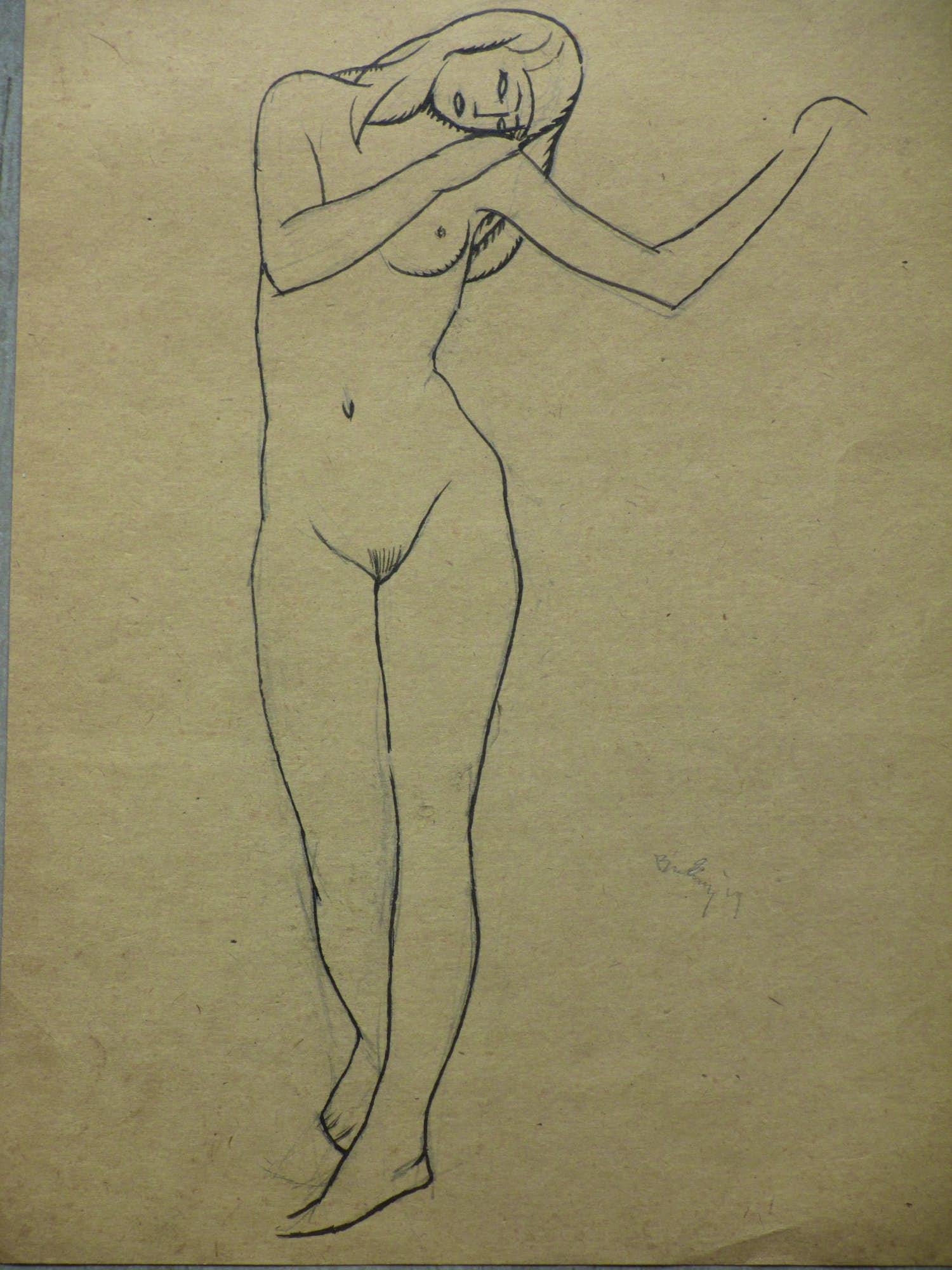 Herman Bieling - Staand vrouwelijk naakt - Inkttekening verkocht voor € 50!