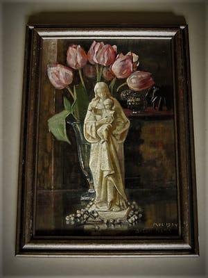 Betsie Issels - 1934 - Delfts Impressioniste - olieverf "Maria met rozenkrans en Tulpen" kopen? Bied vanaf 10!