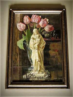 Betsie Issels - 1934 - Delfts Impressioniste - olieverf "Maria met rozenkrans en Tulpen" verkocht voor € 10!