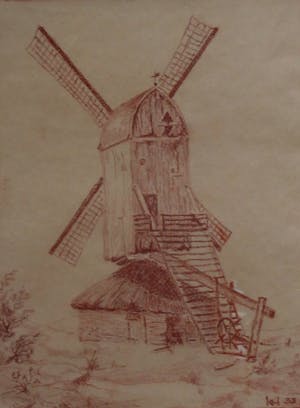 Niet of onleesbaar gesigneerd - Onbekende kunstenaar- ingelijste krijttekening : Molen - 1933 kopen? Bied vanaf 10!
