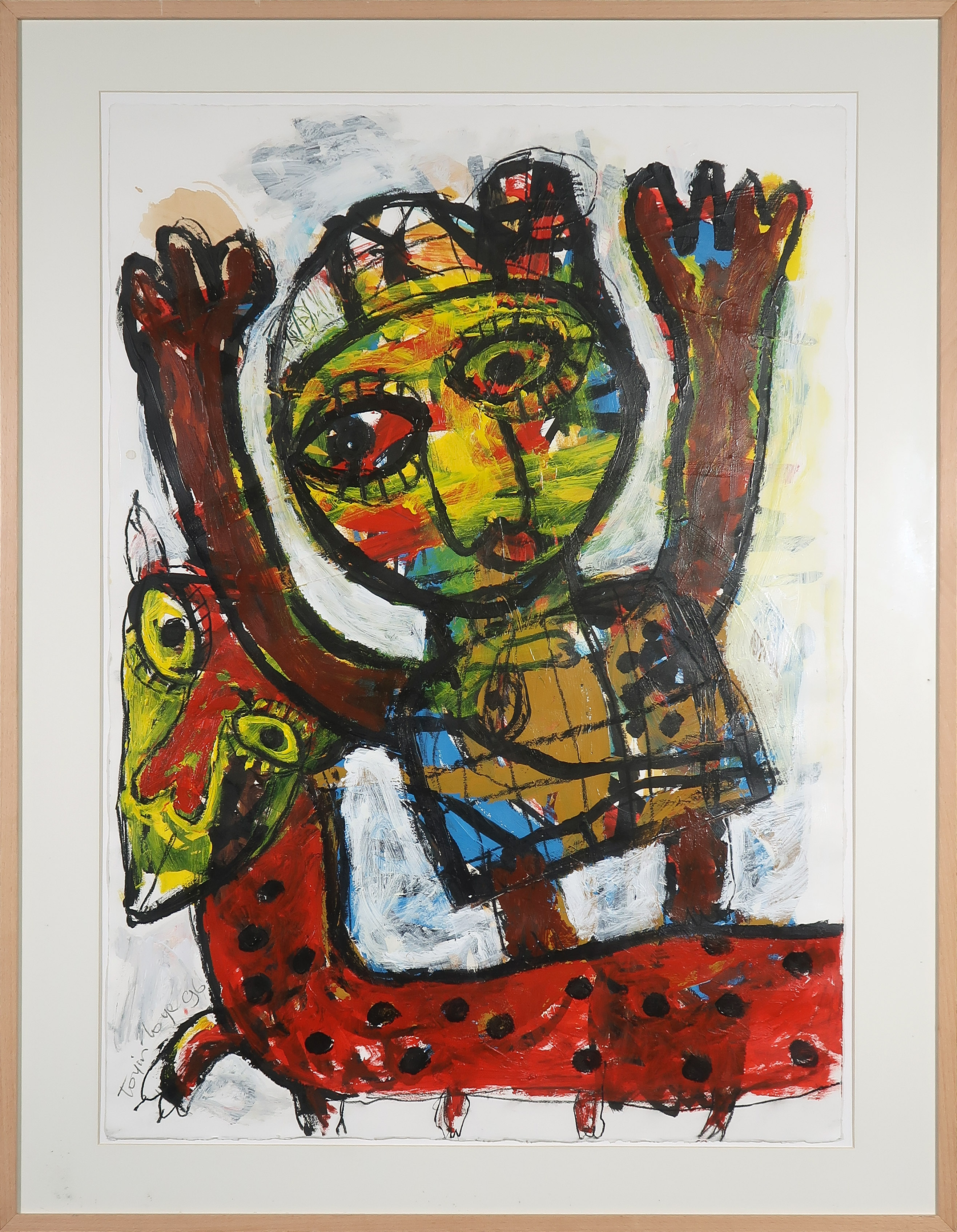 Toyin Loye - Acryl op papier, Zonder titel - Ingelijst (Groot!) verkocht voor € 300!
