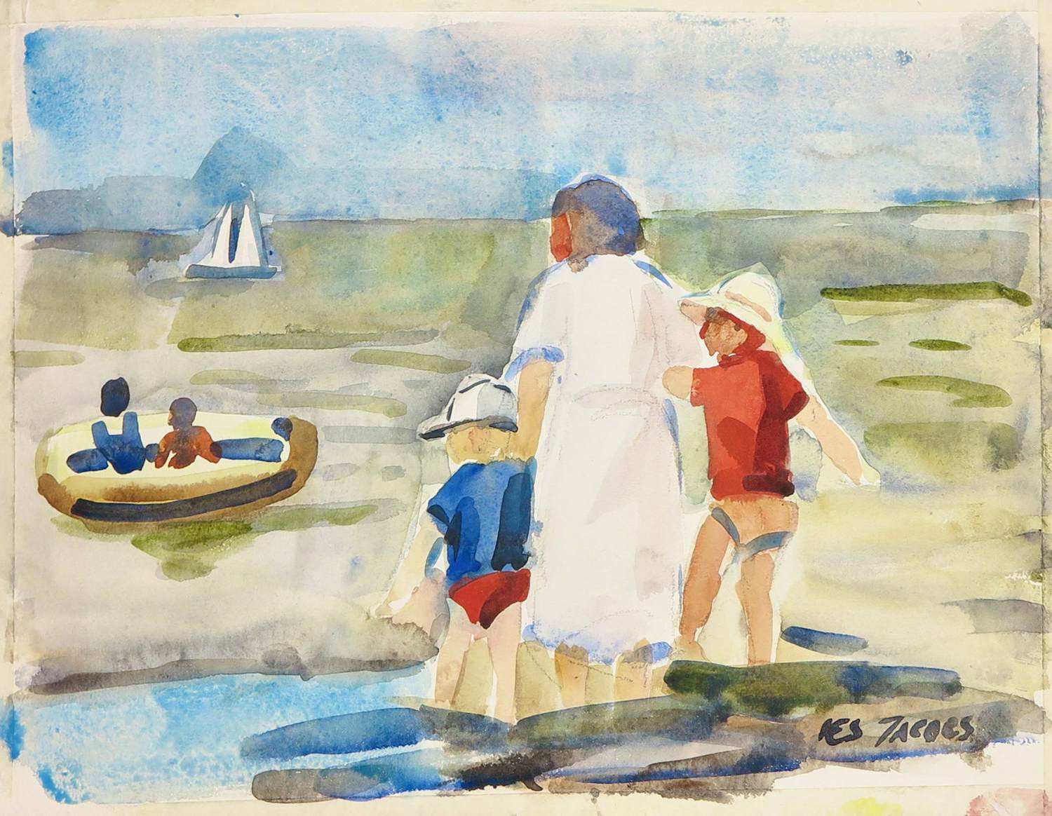 Ies Jacobs - Aquarel op papier, Moeder met kleintjes kopen? Bied vanaf 100!