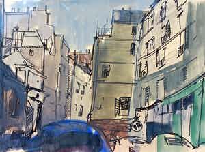 Frans Hollaardt - Stadsgezicht, tekening/aquarel (netjes ingelijst) verkocht voor € 1!
