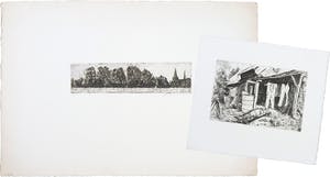 Fred Bervoets - Lot van twee etsen, Dorpsgezicht met bomenrij en de waslijn kopen? Bied vanaf 35!