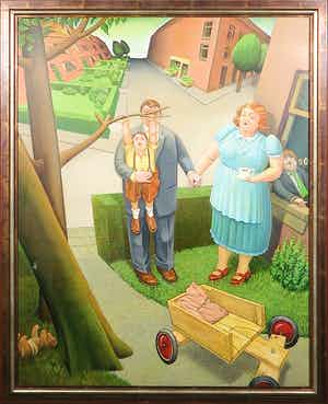 Chris van Geest - Acrylverf op doek, Man, vrouw & kind - Ingelijst (Zeer Groot) verkocht voor € 1!