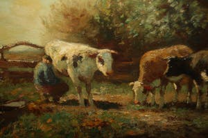 Piet Bouter - MELKENDE BOER met KOEIEN in HAAGS LANDSCHAP kopen? Bied vanaf 250!