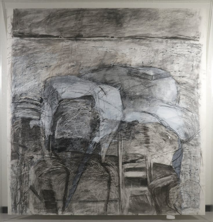 Ineke Bik - Ineke Bik: Houtskool en acryl, Polderlandschap - Ingelijst (Zeer groot) kopen? Bied vanaf 120!