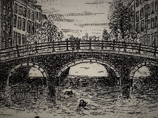 Niet of onleesbaar gesigneerd - gesigneerde Ets "Amsterdam Keizersgracht" j.h. Kruger 1977 kopen? Bied vanaf 1!