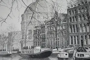 Wim Bettenhausen - Singel Amsterdam met de Koepelkerk - ets kopen? Bied vanaf 75!