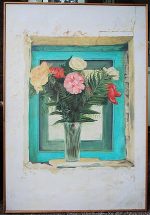 De Kunstfabriek - Rozen in het raam - groot olieverfschilderij (110x75) kopen? Bied vanaf 1!