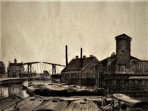 Niet of onleesbaar gesigneerd - Houtskool - 1920 - Amsterdam "het Realen-eiland en Drieharingenbrug kopen? Bied vanaf 1!