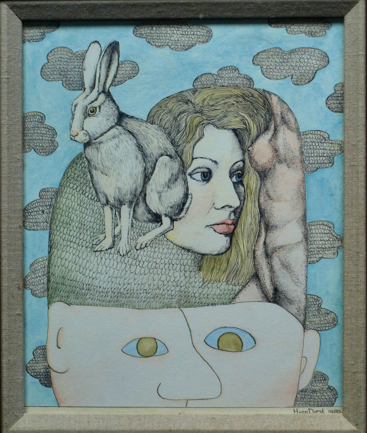Buy Henny van Diest - Ingelijst, Gemengde techniek, Vrouw met Konijn – Lijst, 39 x 34 cm - 1980? Bid from 70!