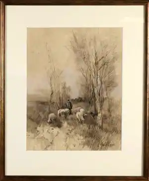 Johannes Josephus Garjeanne - Gemengde techniek op papier - "landschap met herder en schapen" verkocht voor € 175!