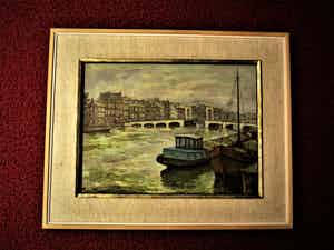 Ronald Terpstra - Verstild olieverf "Amsterdam de Amstel en Magere Brug" gesigneerd verkocht voor € 10!