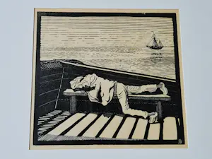 Dirk Hidde Nijland - 1919 - fraaie houtsnede in peren-langs "de Slaper" voor het blad Wendingen kopen? Bied vanaf 38!