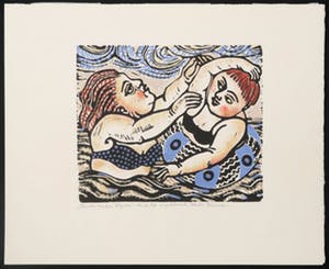 Heidi Daamen - Handgekleurde linosnede, Boven water blijven kopen? Bied vanaf 1!