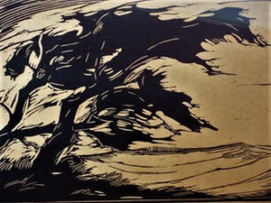 Niet of onleesbaar gesigneerd - Verstilde Hout/Linosnede met Hokusai voorstelling van boom in landschap kopen? Bied vanaf 10!