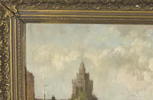 Niet of onleesbaar gesigneerd - Olieverf op paneel, Stadsgezicht vanaf het water - Ingelijst kopen? Bied vanaf 1!