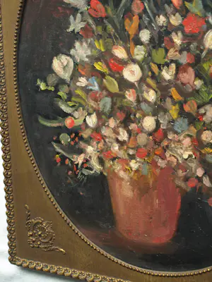 Niet of onleesbaar gesigneerd - Ovaal ingelijst , Olieverf op doek , Bloemstilleven – ca. 1950 kopen? Bied vanaf 1!