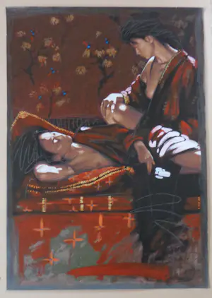 Nico Vrielink - HALFNAAKTE VROUWEN MET KIMONO / KLEURZEEFDRUK / 101x71cm / SIG kopen? Bied vanaf 45!