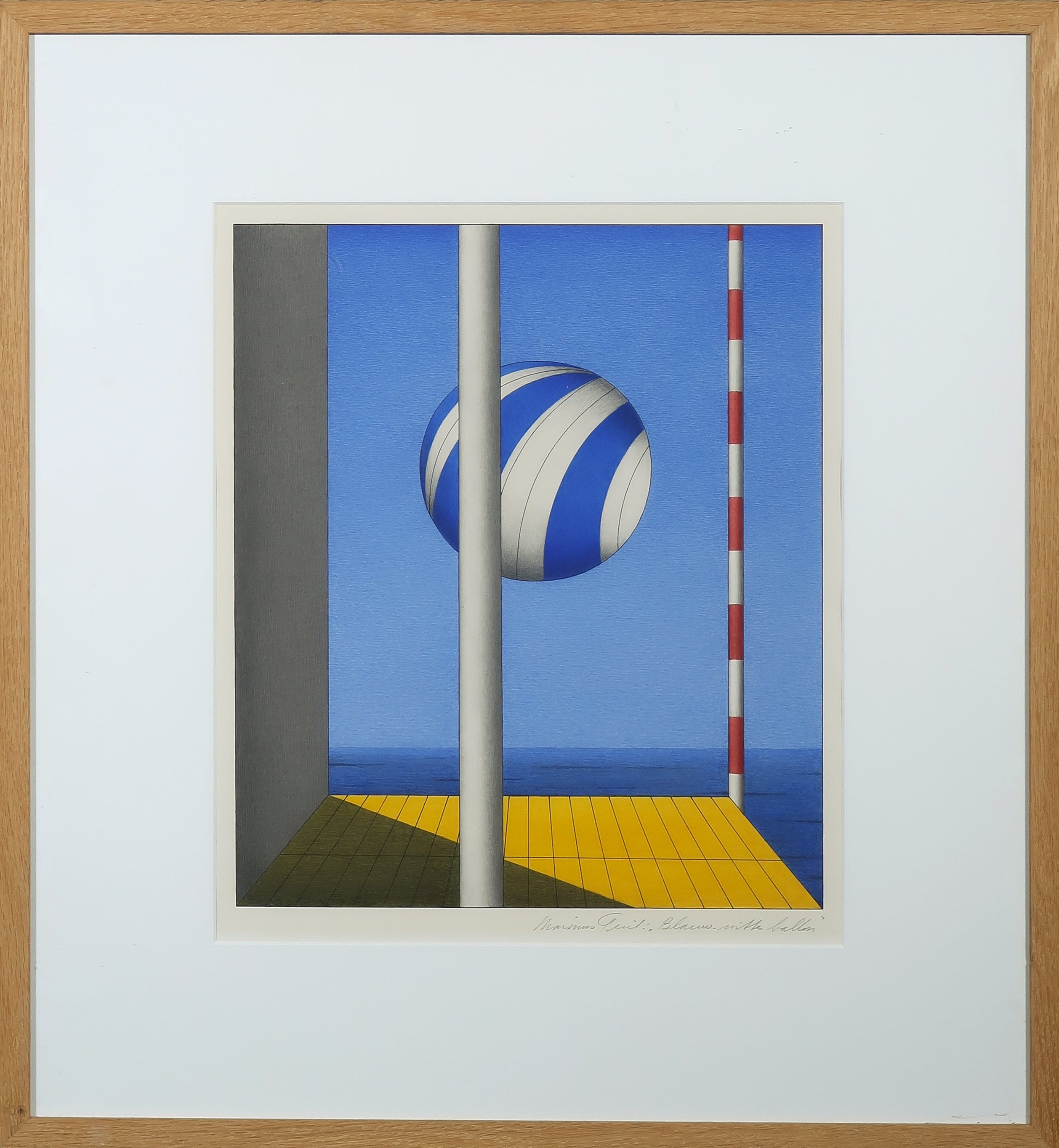 Marinus Fuit - Potlood- en pentekening en gouache, Blauw-witte ballen - Ingelijst verkocht voor € 120!