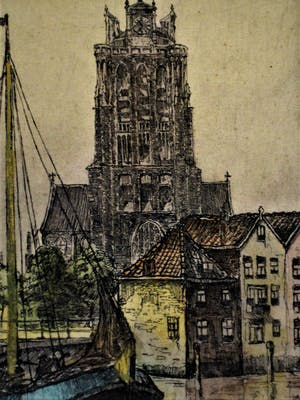 Marius Johannes Janssen - Handgekleurde Ets "Oude haven van Dordrecht" gesigneerd kopen? Bied vanaf 10!