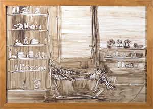 Hans van der Pennen - Klei en acryl op papier, Zelfportret in bad - Ingelijst verkocht voor € 100!