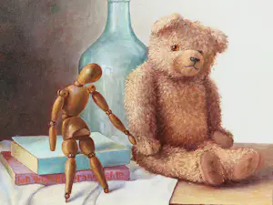 Eduard Pieter Moleveld - Knap geschilderd olieverf stilleven "teddybeer op tafel" in mooie lijst kopen? Bied vanaf 138!