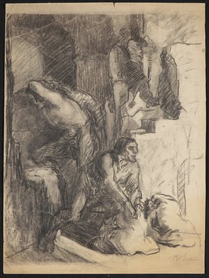 Niet of onleesbaar gesigneerd - Houtskooltekening, Twee figuren in een grot kopen? Bied vanaf 1!