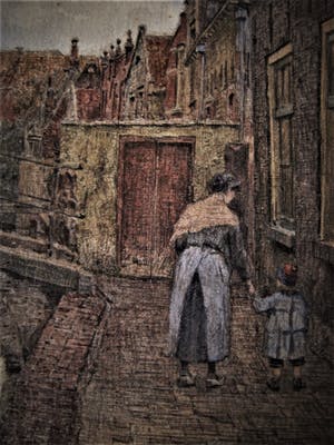 Niet of onleesbaar gesigneerd - omstreeks 1920 - grote Aquarel "Moeder en kind te Delft" gesigneerd kopen? Bied vanaf 10!