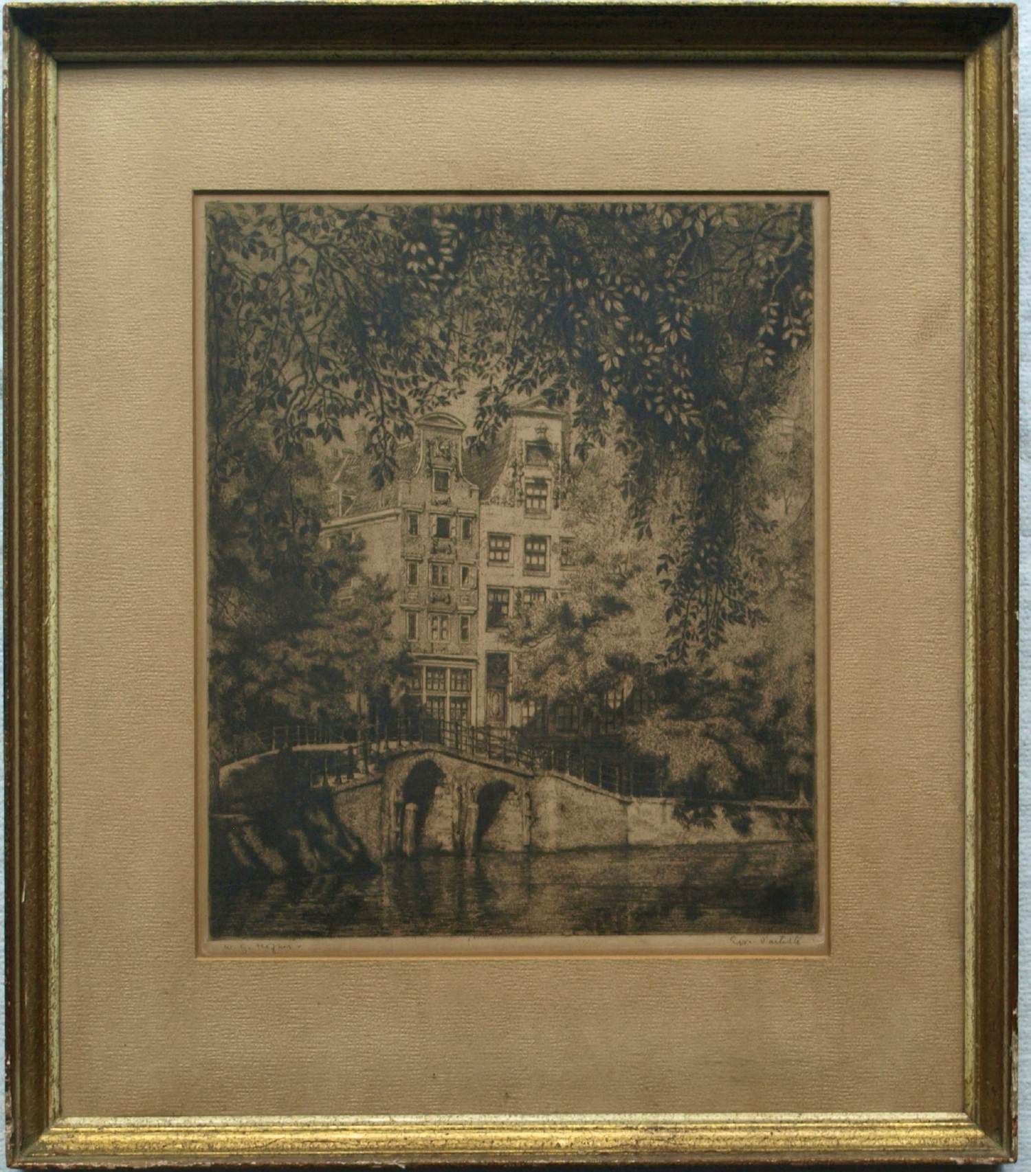 Willem Gerard Hofker - Ingelijste ets , Stadsgezicht Amsterdam - 1928 kopen? Bied vanaf 50!