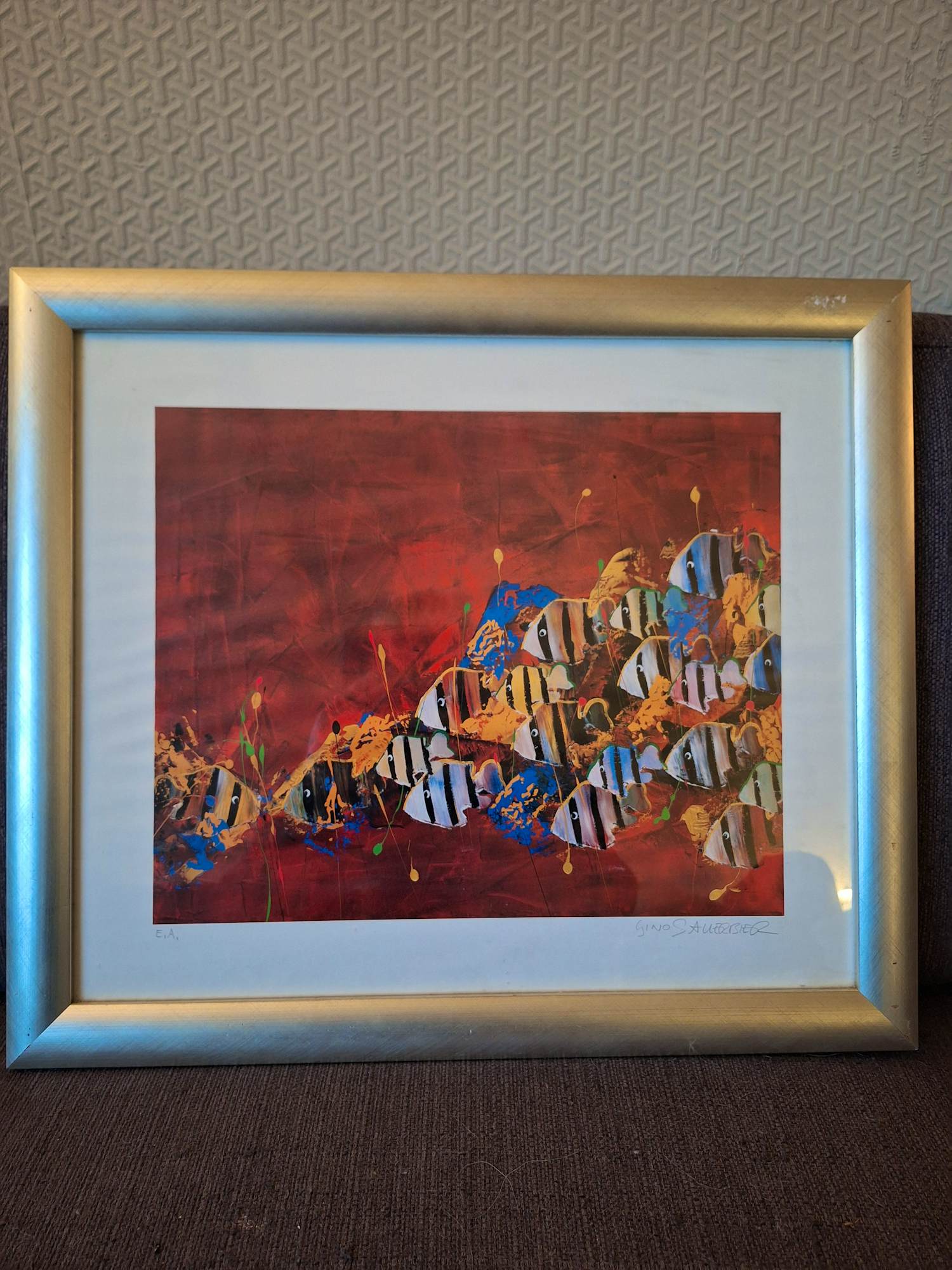 Gino Sauerbier - Unieke proefdruk (E. A. ) vissen op rode achtergrond kopen? Bied vanaf 45!