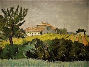 Niet of onleesbaar gesigneerd - Sfeervol omstreeks 1950 geschilderd olieverf "huis op heuvel" mooie lijst! kopen? Bied vanaf 1!